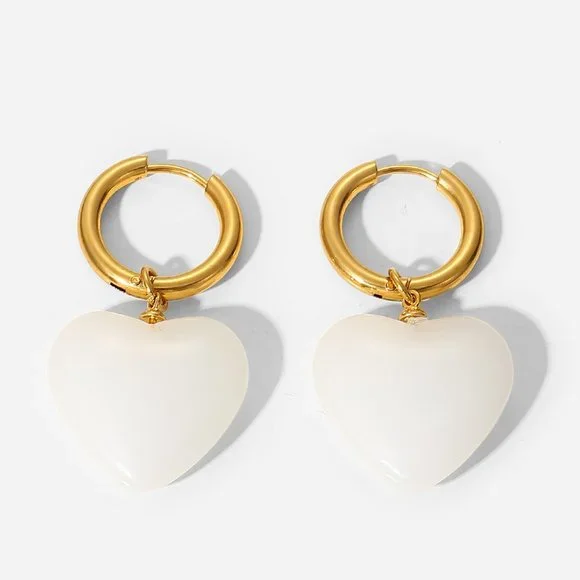 Healing White Jade Heart Hoop Earrings 18K Gold Plated Stainless Steel - Picture 3 of 7